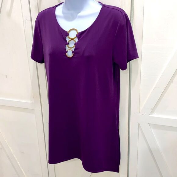 JM Collection Oversized Tunic Top In Purple With Gold Tone Circle Detail Size S - Picture 4 of 11